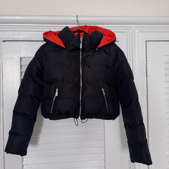 Maniere De Voir Reversible Bomber Jacket With Removable Hoodie Black Orange - Picture 2 of 13